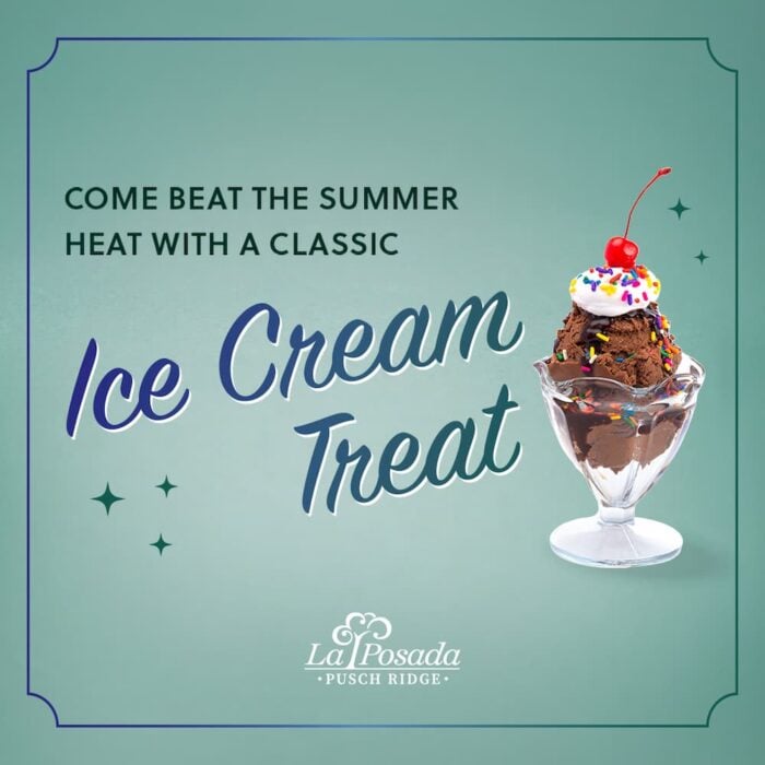 Ice cream sundae image with the words "Come beat the summer heat with a classic ice cream treat"
