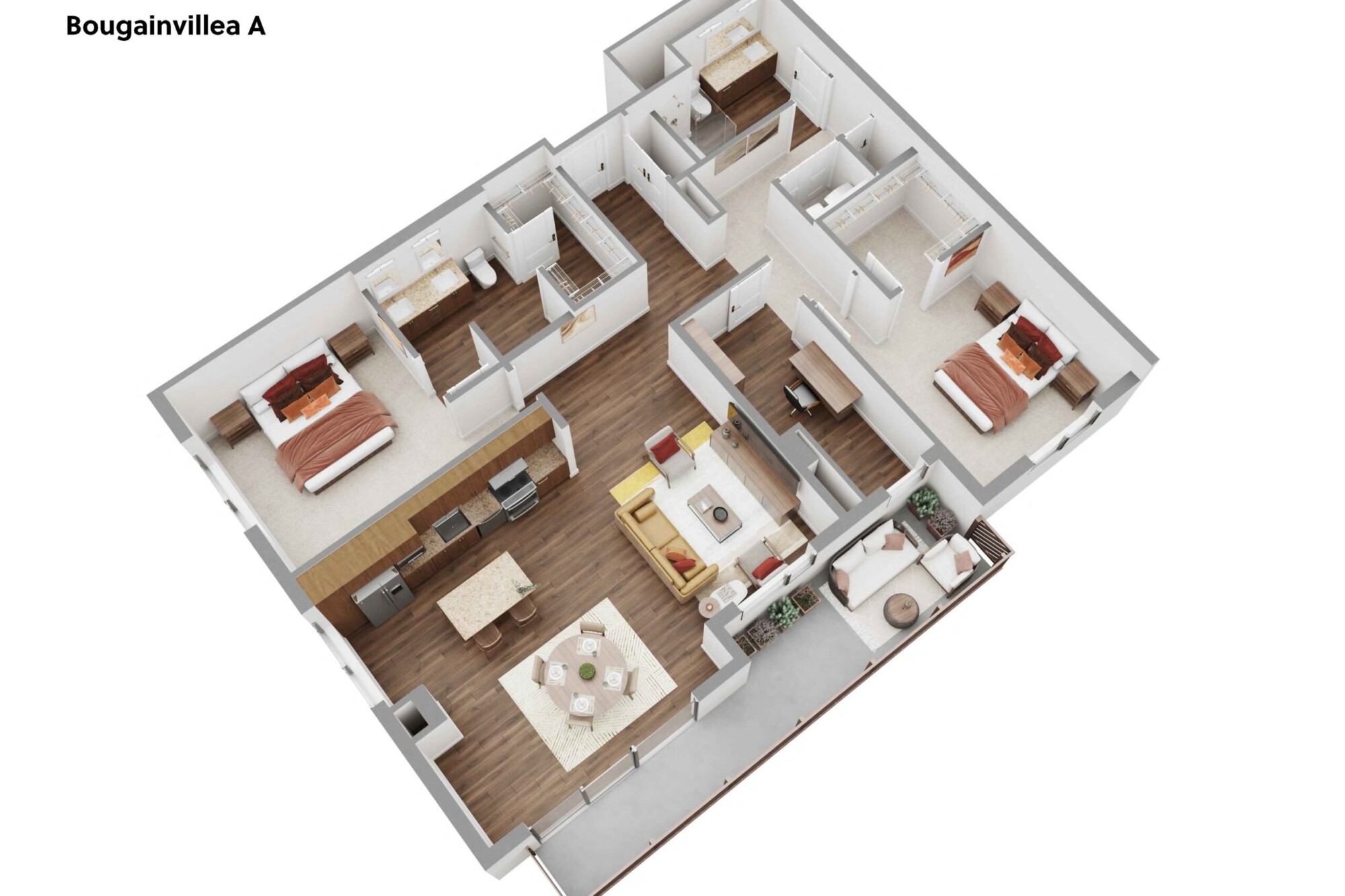 3D Bougainvillea A apartment floor plan showing two bedrooms, two bathrooms, spacious walk-in closets, a dedicated office or study and an open-concept kitchen, dining and living area. A long private balcony extends along the front of the residence and includes outdoor seating and planters.