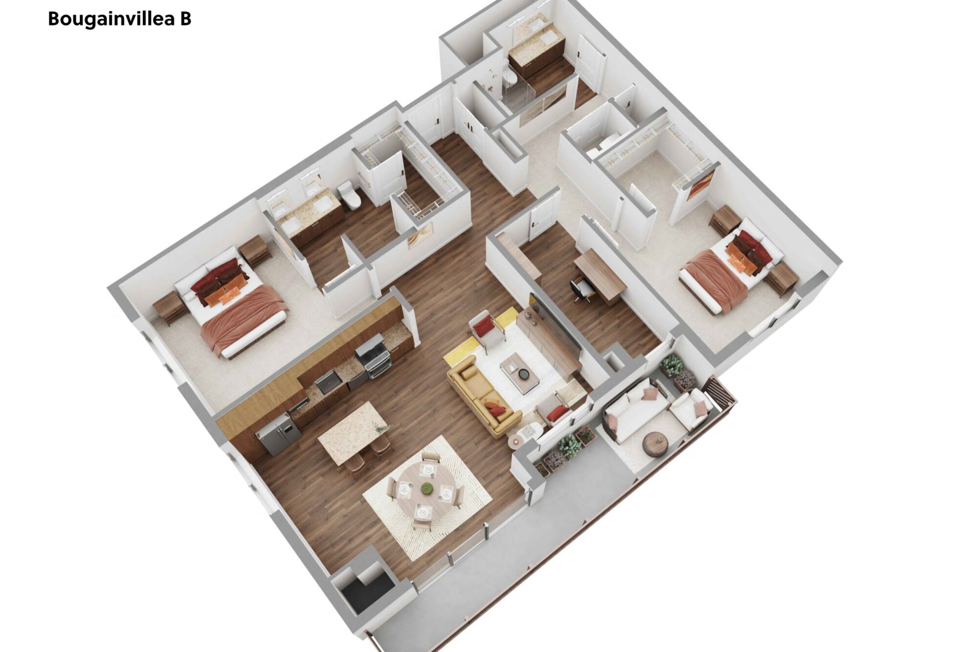 3D Bougainvillea B apartment floor plan featuring two bedrooms, two bathrooms, multiple walk-in closets, a separate office or study, an open kitchen with island, dining area and central living room. Sliding doors connect the living area to a long private balcony furnished with lounge seating and planters.