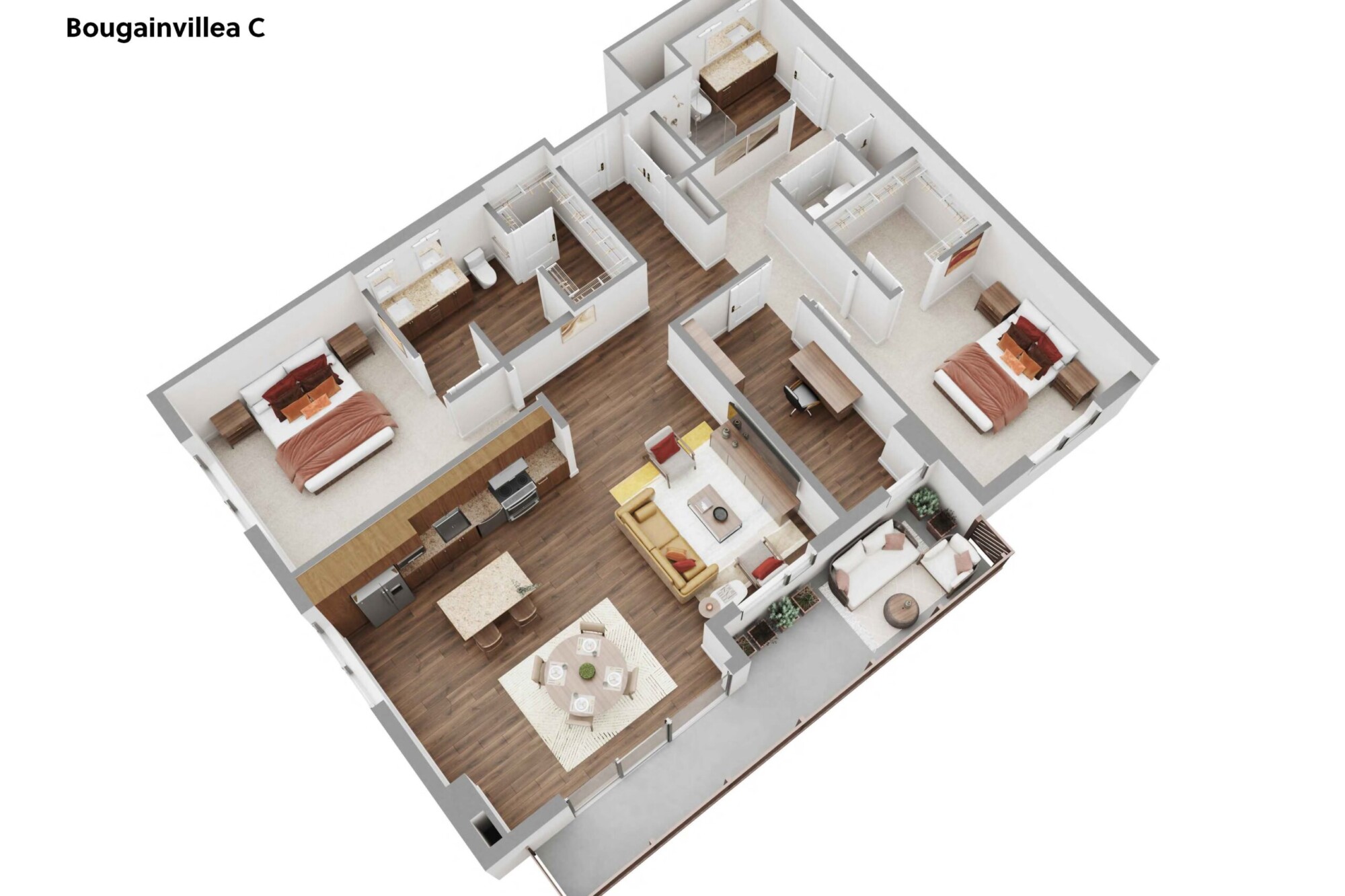 3D Bougainvillea C apartment floor plan showing two bedrooms, two bathrooms, large walk-in closets, a separate office or study and an open living, dining and kitchen area. The kitchen includes full-size appliances and an island, while the main living space opens to a long private balcony with outdoor seating and planters.
