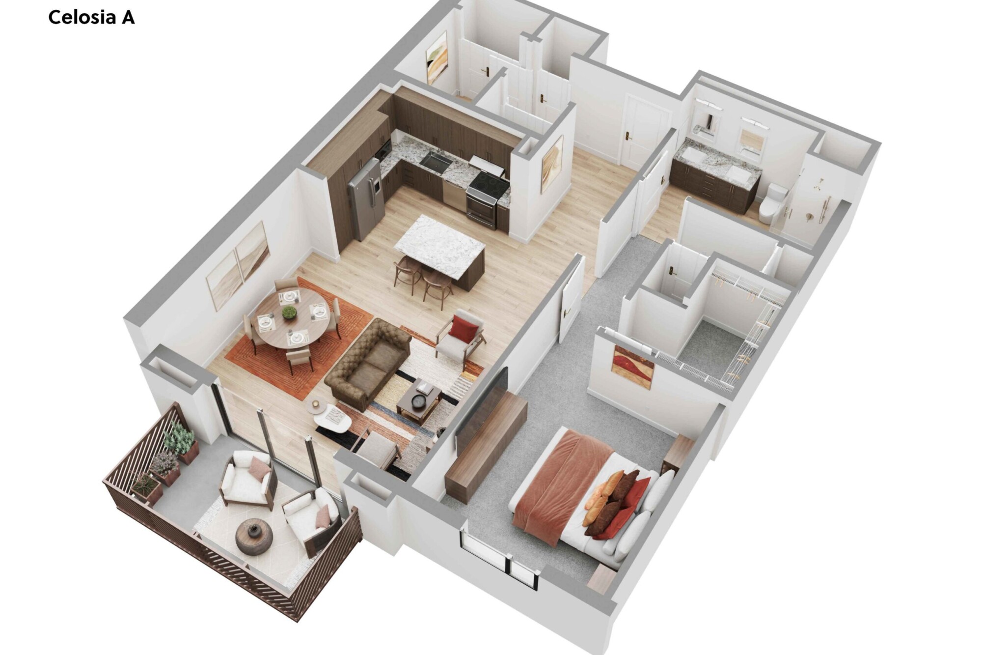 3D Celosia A apartment floor plan featuring one bedroom with a spacious walk-in closet, one bathroom, a separate office or flex room, an open kitchen with center island, dining area and furnished living room. A private balcony off the living space includes two chairs, a small table and planters.