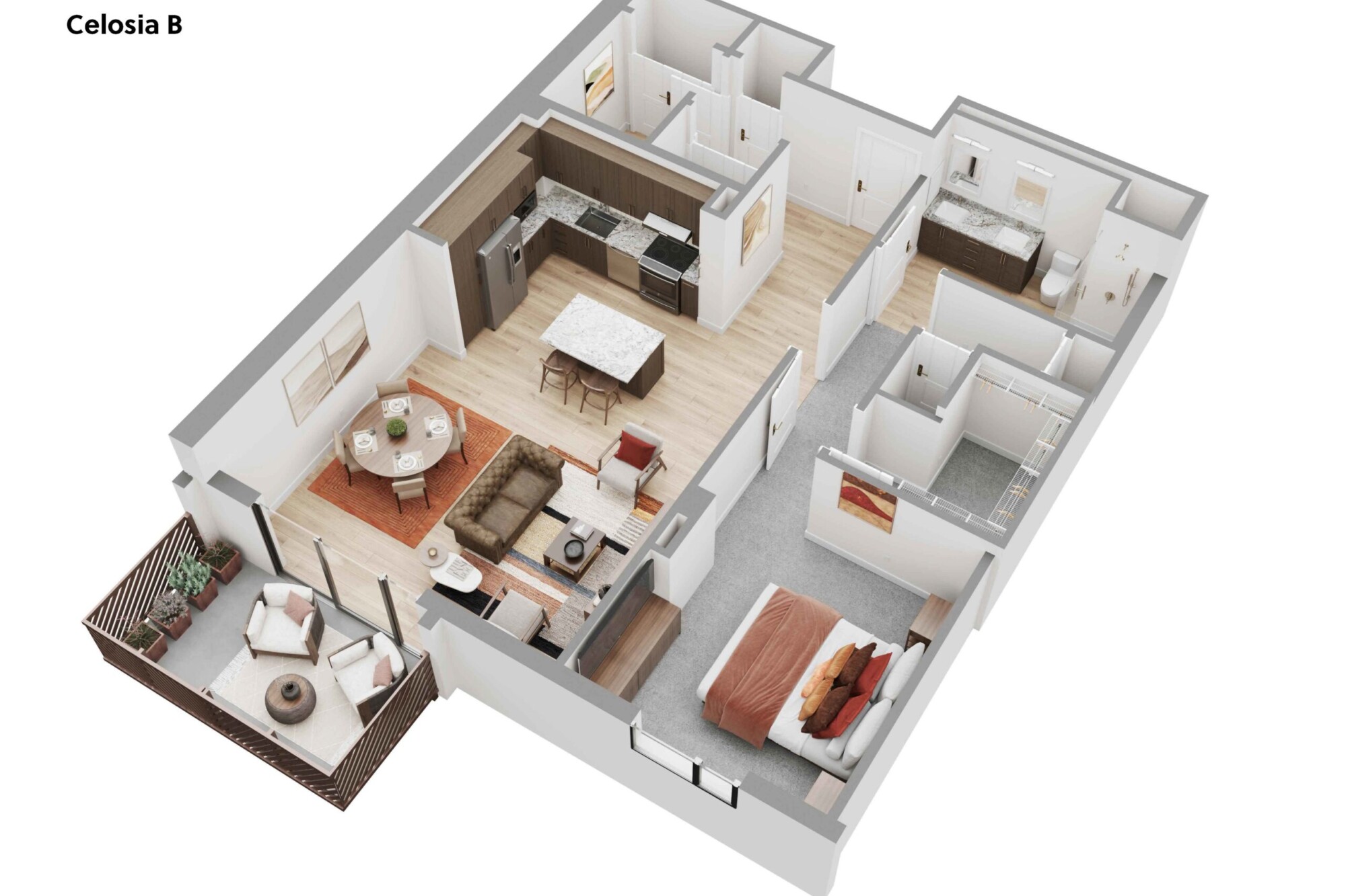 3D Celosia B apartment floor plan showing one bedroom with a large walk-in closet, one bathroom, a separate office or study, an open kitchen with full-size appliances and center island, a dining area and furnished living room. Sliding glass doors open to a private balcony with lounge seating and planters.
