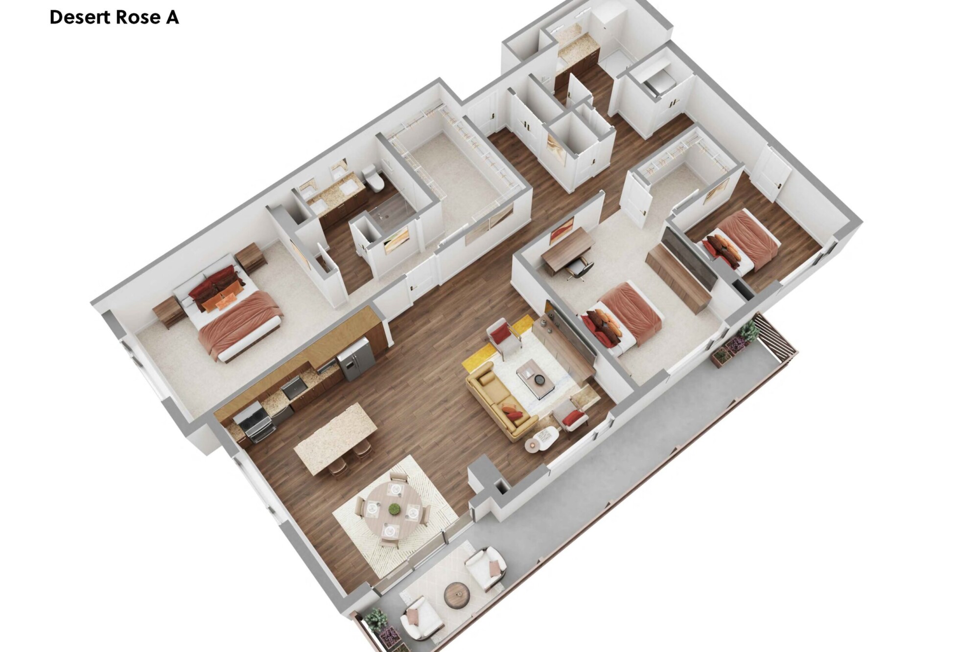 3D Desert Rose A apartment floor plan featuring two bedrooms, two bathrooms, multiple walk-in closets, a separate office or study, an open kitchen with island, dining area and central living room. A long private balcony extends along the living area and includes outdoor seating and planters.