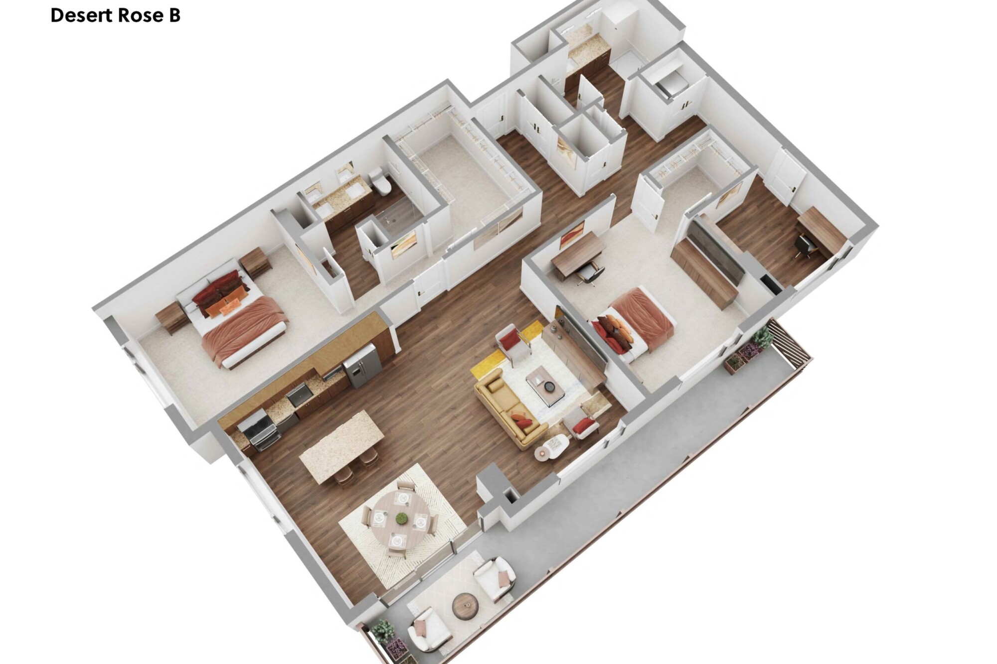 3D Desert Rose B apartment floor plan showing two bedrooms, multiple walk-in closets, two bathrooms, a separate office or study, an open kitchen with center island, dining area and furnished living room. The layout includes a long private balcony accessible from the main living space with outdoor seating and planters.