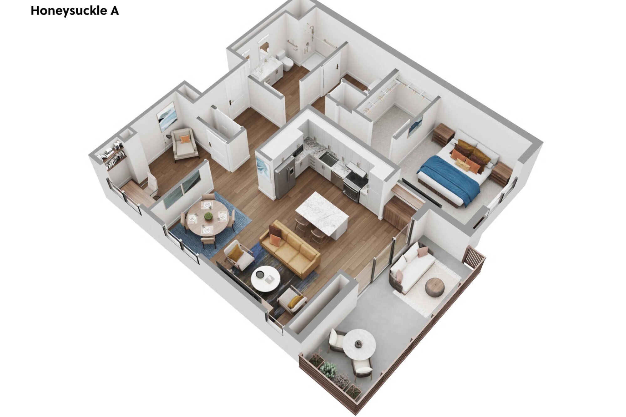 3D Honeysuckle A apartment floor plan featuring one bedroom with a large walk-in closet, one bathroom, a separate office or flex room, an open kitchen with island, dining area and furnished living room. Sliding doors lead to a private balcony with lounge seating, a small table and planters.