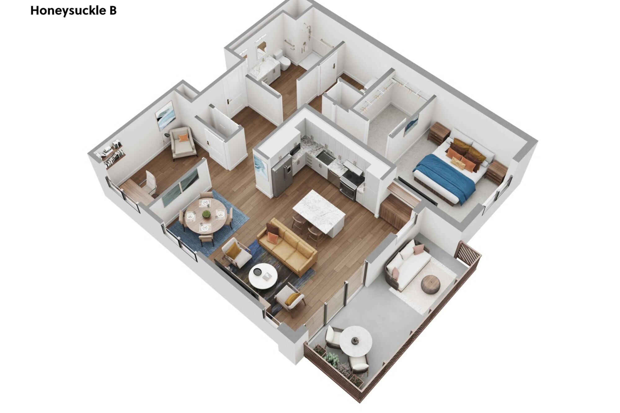 3D Honeysuckle B apartment floor plan showing one bedroom with a large walk-in closet, one bathroom, a separate office or study, an open kitchen with center island, dining area and furnished living room. The living area opens onto a private balcony furnished with a sofa, chairs, a small dining table and planters.
