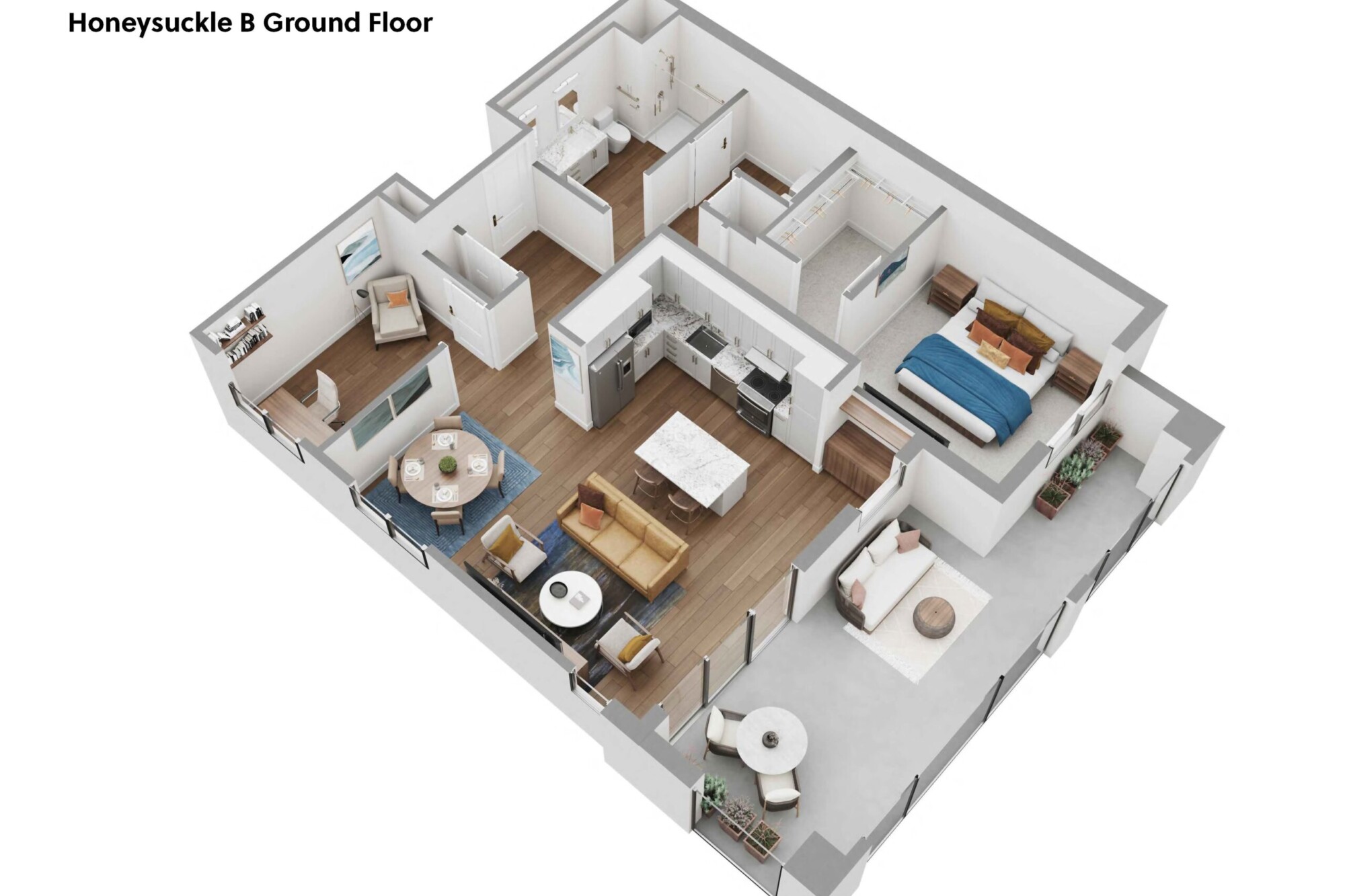 3D Honeysuckle B Ground Floor apartment plan featuring one bedroom with a spacious walk-in closet, one bathroom, a separate office or study, an open kitchen with island, dining area and central living room. The ground-floor layout includes an extended private patio wrapping along two sides of the residence with lounge seating, a dining table and planters.