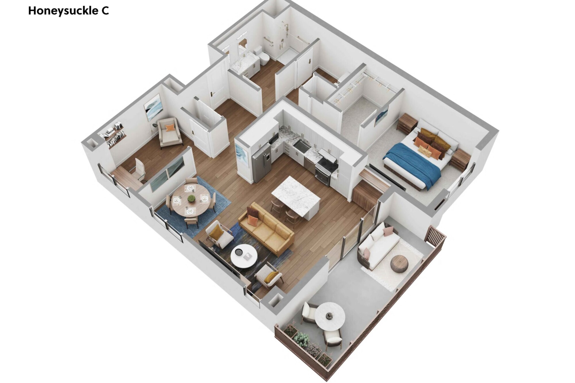 3D Honeysuckle C apartment floor plan showing one bedroom with a large walk-in closet, one bathroom, a separate office or study, an open kitchen with full-size appliances and center island, a dining area and furnished living room. Sliding doors open to a private balcony with a sofa, chairs, dining table and planters.