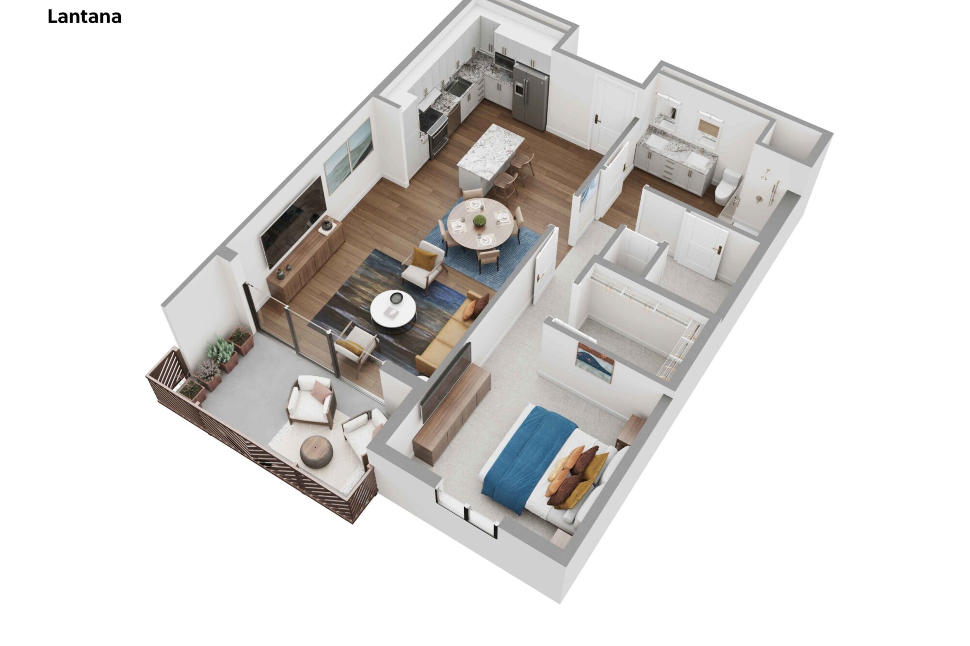 3D Lantana apartment floor plan showing one bedroom with a large walk-in closet, one bathroom, open kitchen with center island, dining area and furnished living room. Sliding glass doors lead from the living area to a private balcony with two chairs and a small table.