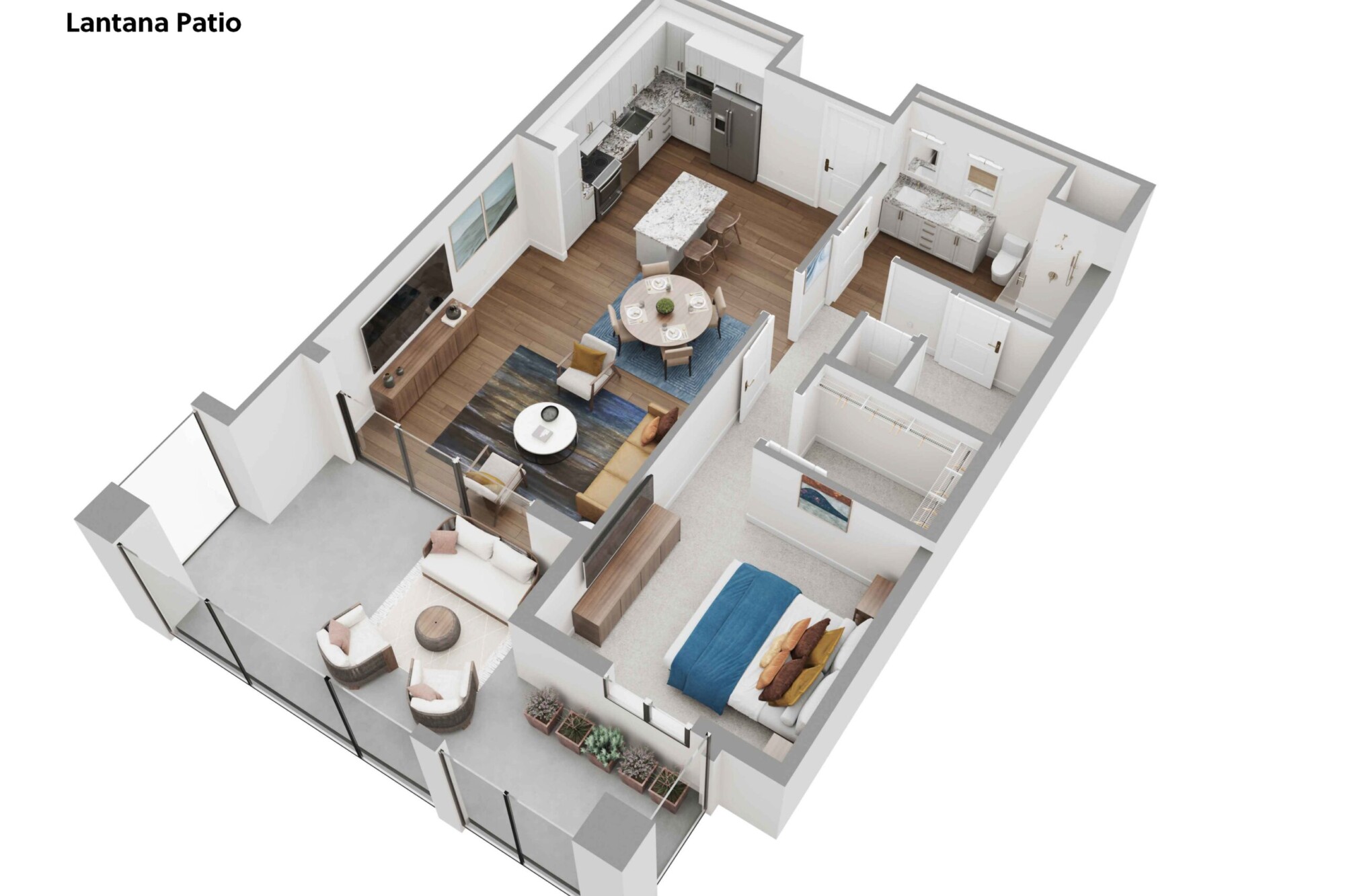 3D Lantana Patio apartment floor plan featuring one bedroom, large walk-in closet, one bathroom, open kitchen with island, dining area and living room. The residence opens onto an extended private patio with a sofa, two lounge chairs, tables, planters and generous outdoor space.