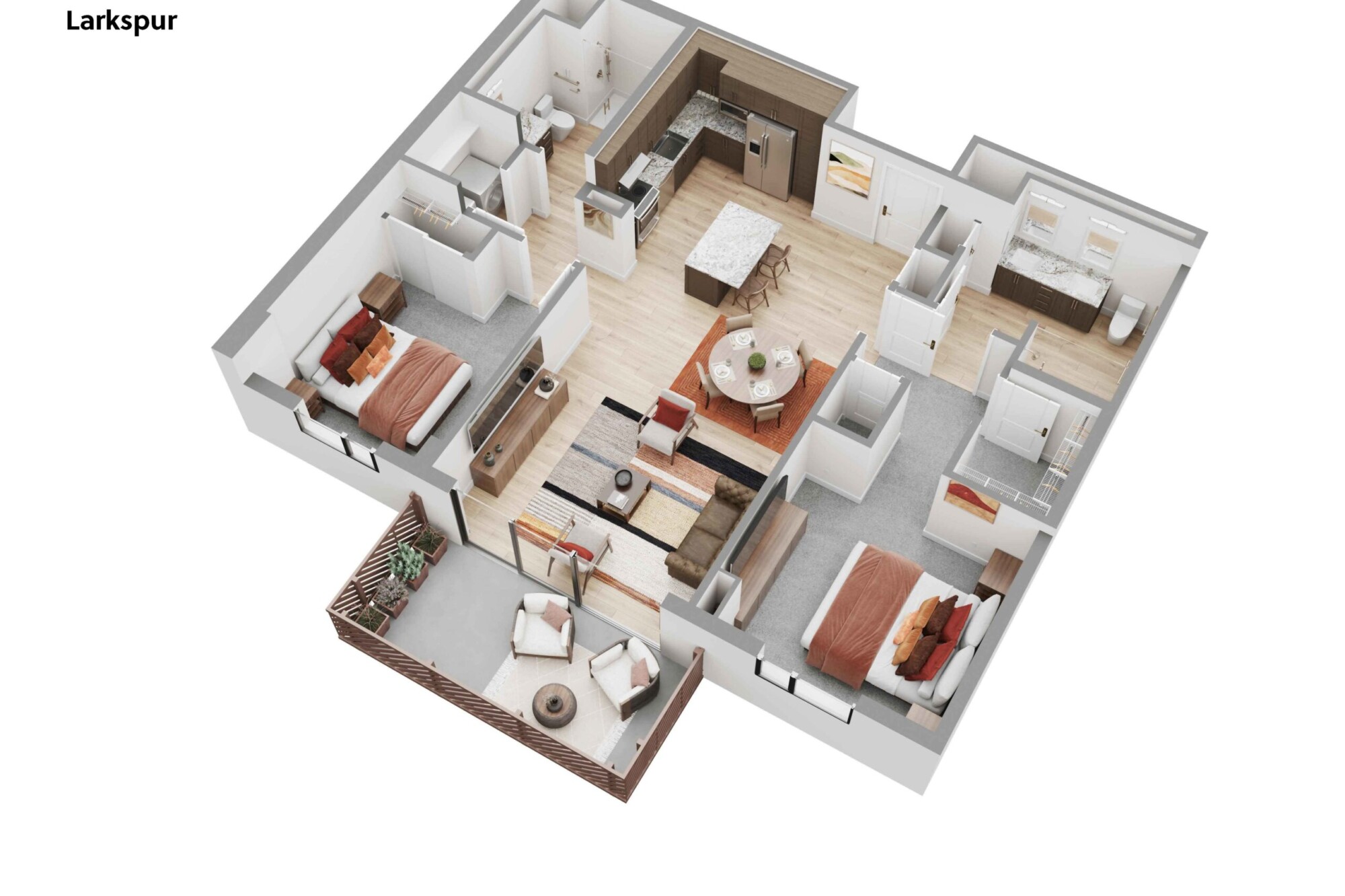 3D Larkspur apartment floor plan showing two bedrooms, two bathrooms, walk-in closets, an open kitchen with center island, dining area and central living room. Sliding doors connect the living space to a private balcony with lounge seating and planters.