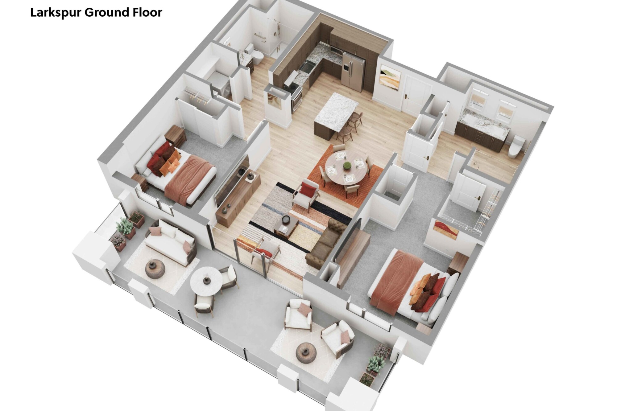 3D Larkspur Ground Floor apartment plan showing two bedrooms, two bathrooms, walk-in closets, an open kitchen with center island, dining area and furnished living room. The ground-floor layout includes an expansive private patio extending across the residence with multiple seating areas and planters.
