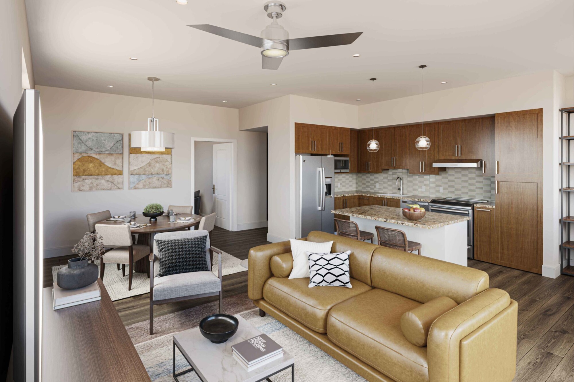 Lavender apartment interior showing an open-concept living room, dining area and kitchen with dark wood cabinetry, stainless steel appliances and a stone-topped island with bar seating. The furnished living room includes a tan sofa, accent chair and coffee table, with the dining table positioned beside the kitchen.