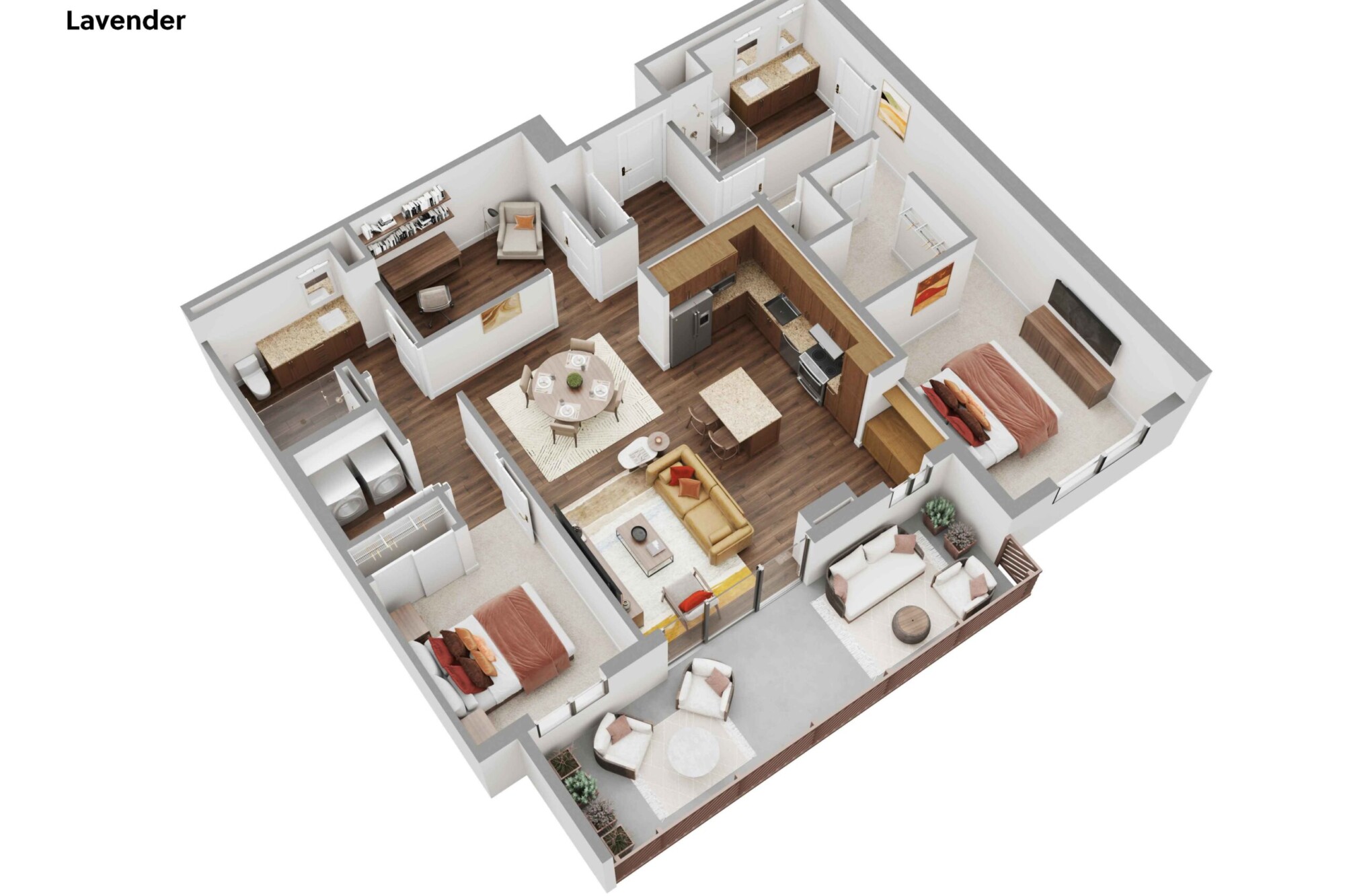 3D Lavender apartment floor plan showing two bedrooms on opposite sides of the residence, two bathrooms, multiple closets, an in-unit laundry area, a separate office or study, an open kitchen with center island, dining area, central living room and a large private balcony with several outdoor seating areas.