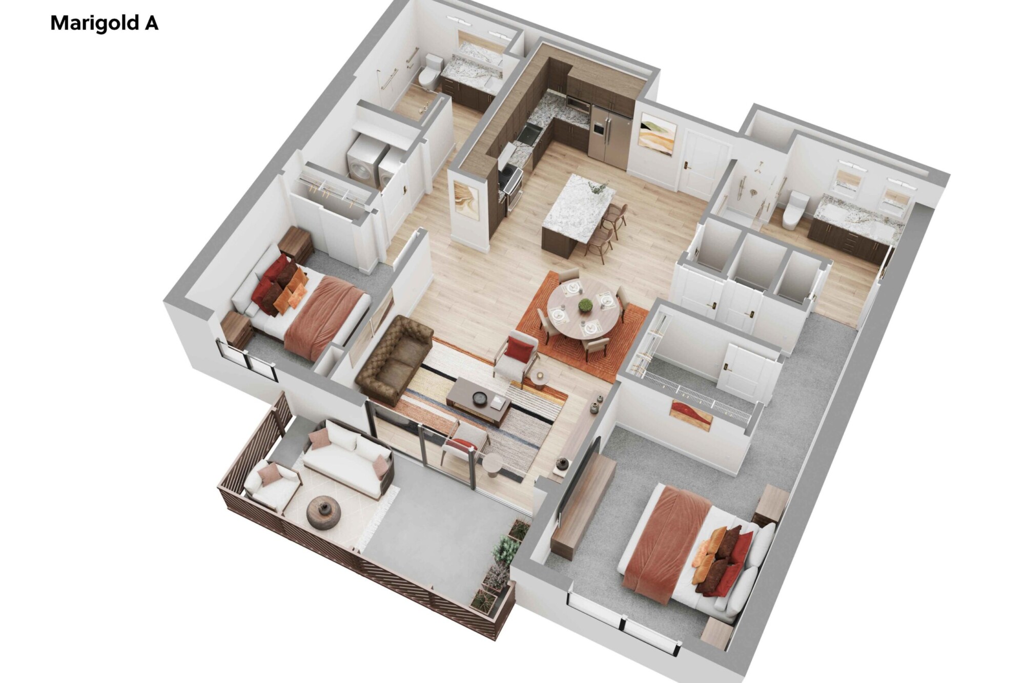 3D Marigold A apartment floor plan showing two bedrooms, two bathrooms, multiple closets, an in-unit laundry area and an open kitchen with center island. The central dining and living areas connect to a spacious private balcony furnished with lounge seating.