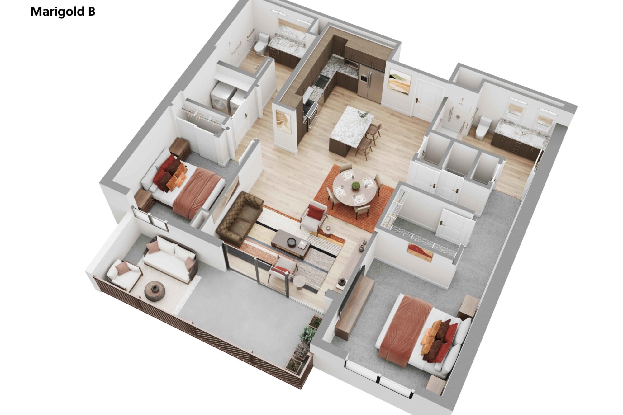 3D Marigold B apartment floor plan featuring two bedrooms on opposite sides of the residence, two bathrooms, walk-in closets, laundry area, open kitchen with island, dining room, living room and an extended private balcony with outdoor seating.