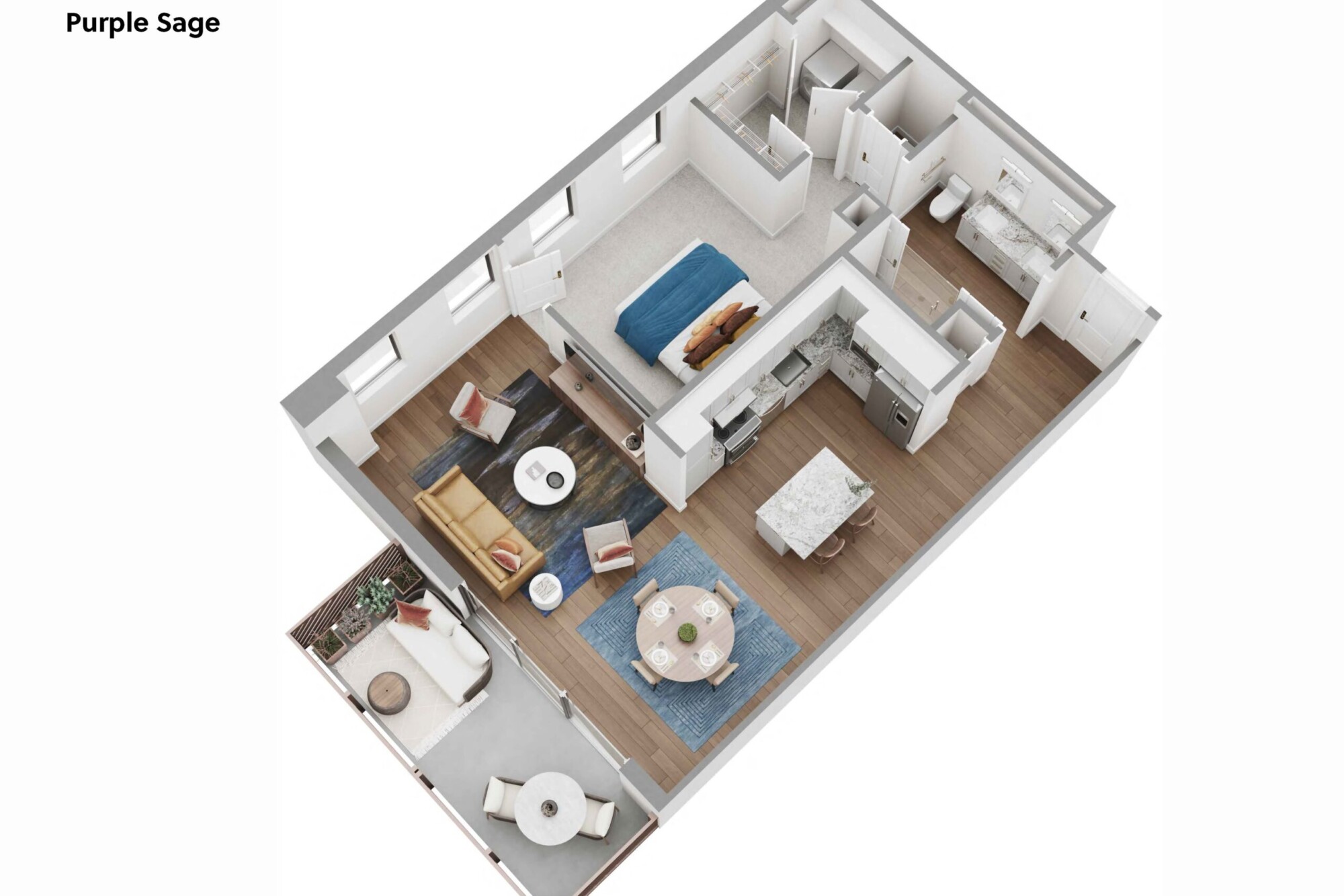 3D Purple Sage apartment floor plan featuring one bedroom with a walk-in closet, full bathroom, open kitchen with center island, adjoining dining area, furnished living room and private balcony with seating and an outdoor dining table.