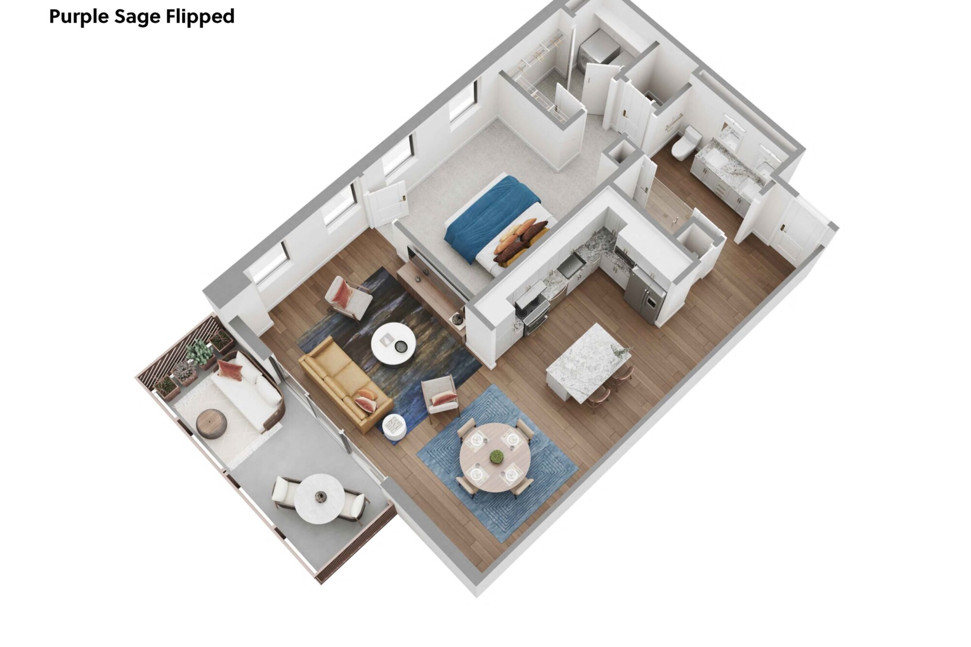 3D Purple Sage Flipped apartment floor plan showing a one-bedroom layout with walk-in closet, bathroom, open kitchen with island seating, dining area, living room and private balcony with lounge seating and an outdoor table.