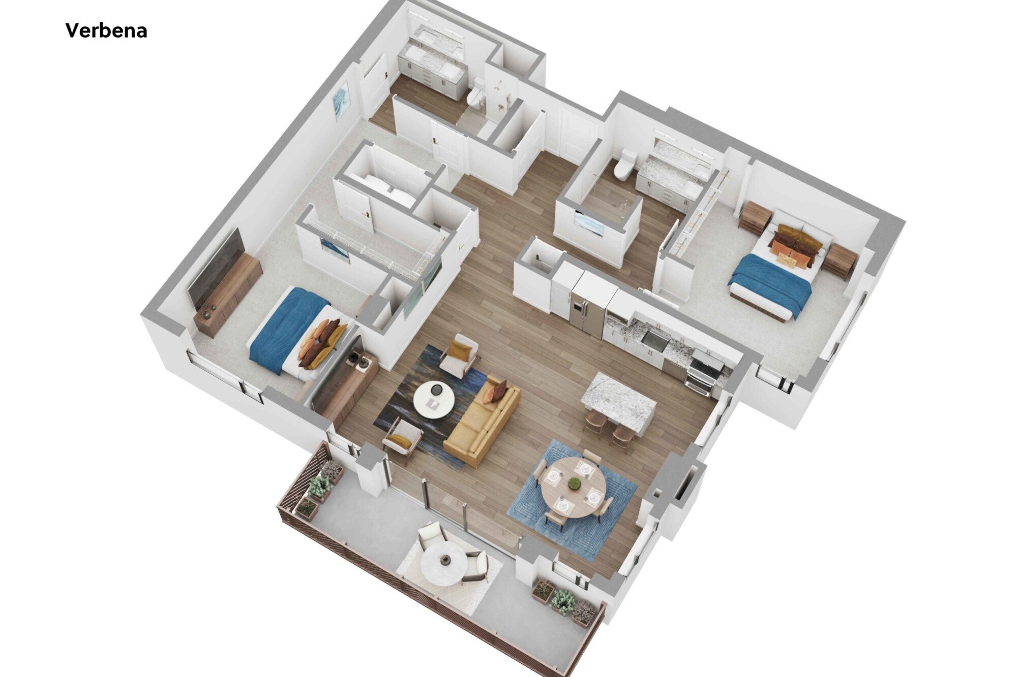 3D Verbena apartment floor plan showing two bedrooms positioned on opposite sides of the residence, two bathrooms, walk-in closets, an open kitchen with island, dining area, central living room and a private balcony with multiple outdoor seating areas.