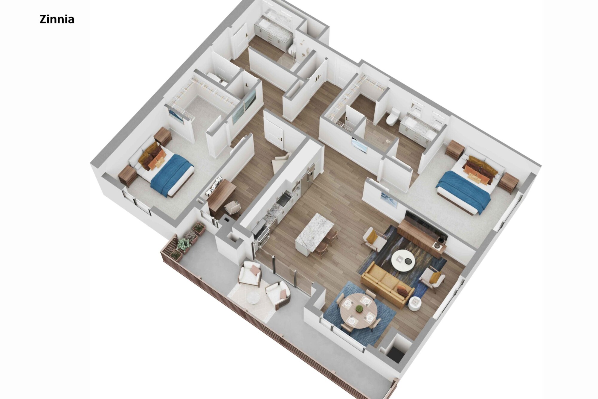 3D Zinnia apartment floor plan showing two bedrooms, two bathrooms, walk-in closets, an open kitchen with center island, dining area, living room and a large private balcony with outdoor seating.