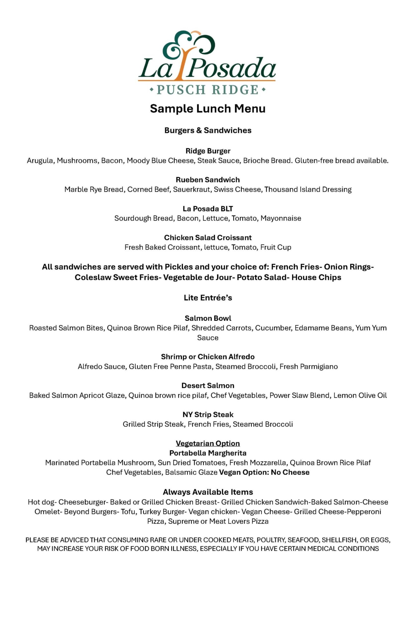 La Posada at Pusch Ridge sample lunch menu featuring burgers, sandwiches, lighter entrées, vegetarian selections and always-available items. Sandwich choices include the Ridge Burger with blue cheese and mushrooms, Reuben sandwich, La Posada BLT and chicken salad croissant, served with a choice of fries, onion rings, coleslaw, sweet fries, vegetables, potato salad or house chips. Lite entrées include a salmon bowl, shrimp or chicken Alfredo, desert salmon and New York strip steak. A portabella Margherita is available as a vegetarian option with a vegan no-cheese variation.